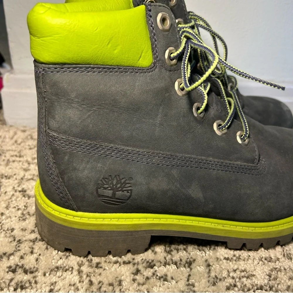 Timberland Green & Safety Grey Suede 6” Premium Waterproof Boots Size 4 Kids